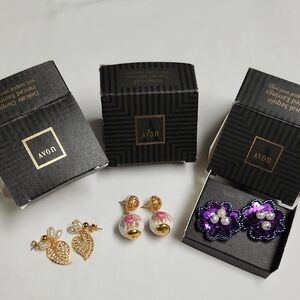 Vintage AVON EARRINGS -LOT OF 3, Rosemond, Floral Sequin, Gold Leaf With Pearl